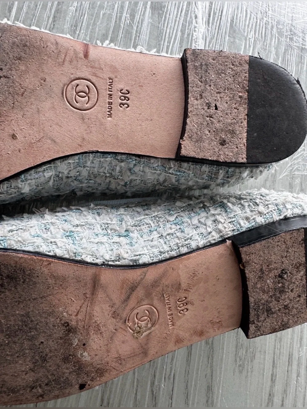 Chanel tweed ballet flats blue and white woven material with black cap toe